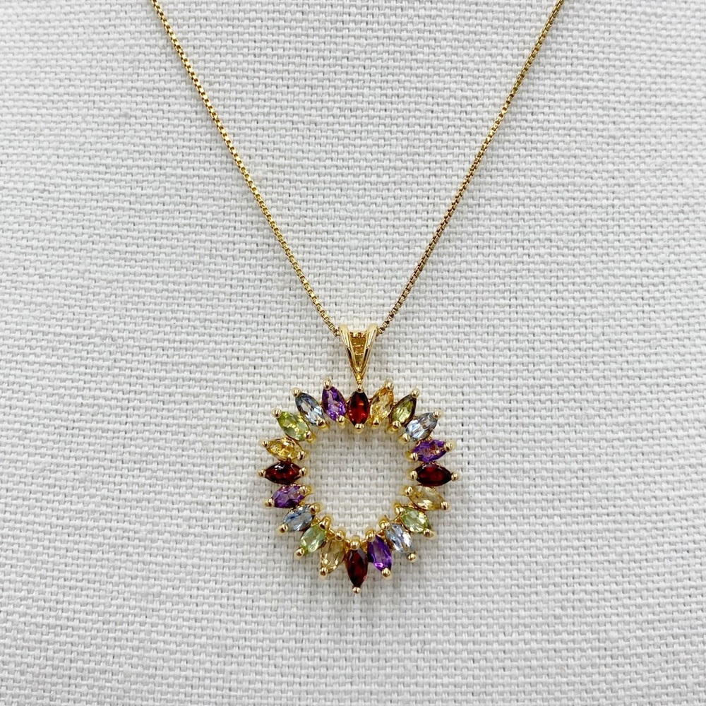 Vermeil Sterling Silver 925 Heart Multi Color Stones Pendant Necklace